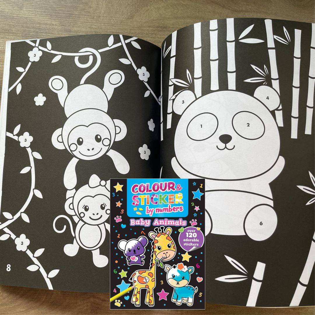 Color and Sticker by Numbers: BABY ANIMALS / DINOSAURS over 120 Stickers (SINGLES, brand new softcover)