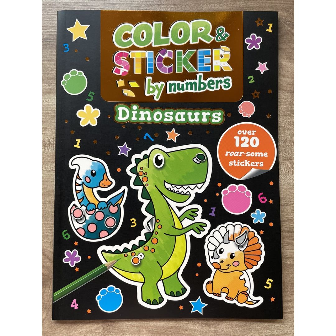 Color and Sticker by Numbers: BABY ANIMALS / DINOSAURS over 120 Stickers (SINGLES, brand new softcover)