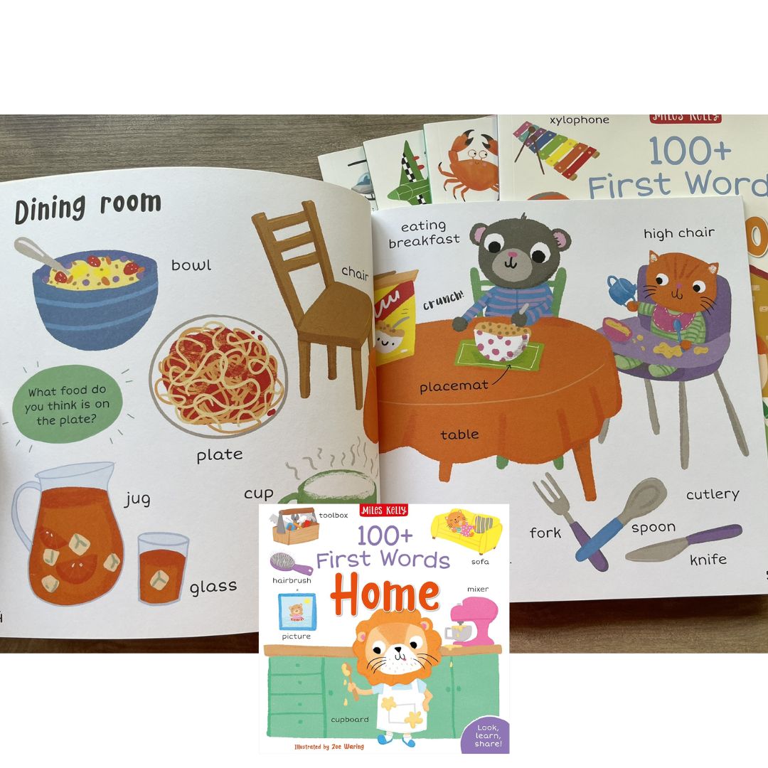 Miles Kelly 100+ FIRST WORDS (SINGLES, brand new softcover) Animals / Home / School / In the Sea / On the Go / Out and About