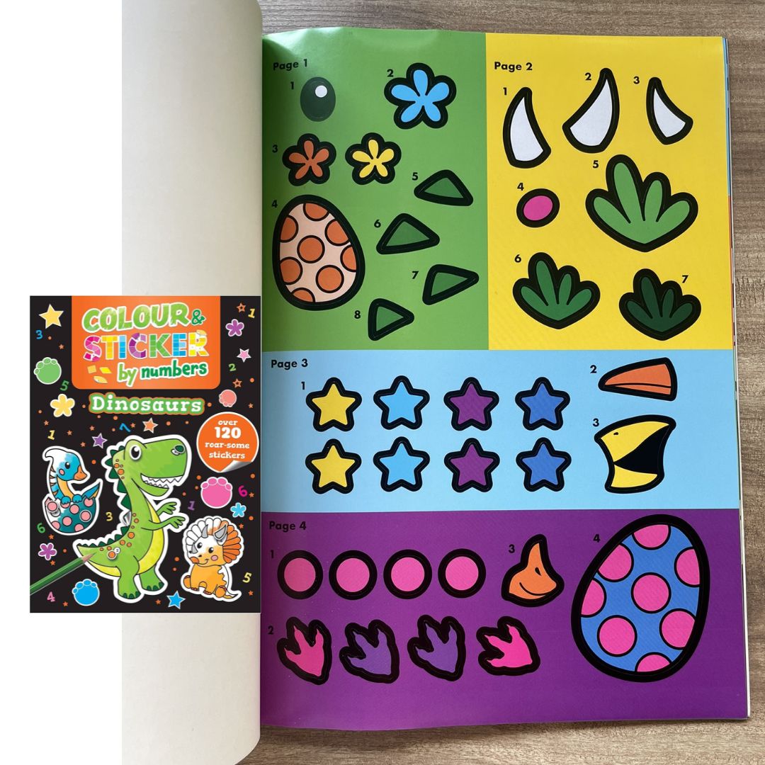 Color and Sticker by Numbers: BABY ANIMALS / DINOSAURS over 120 Stickers (SINGLES, brand new softcover)