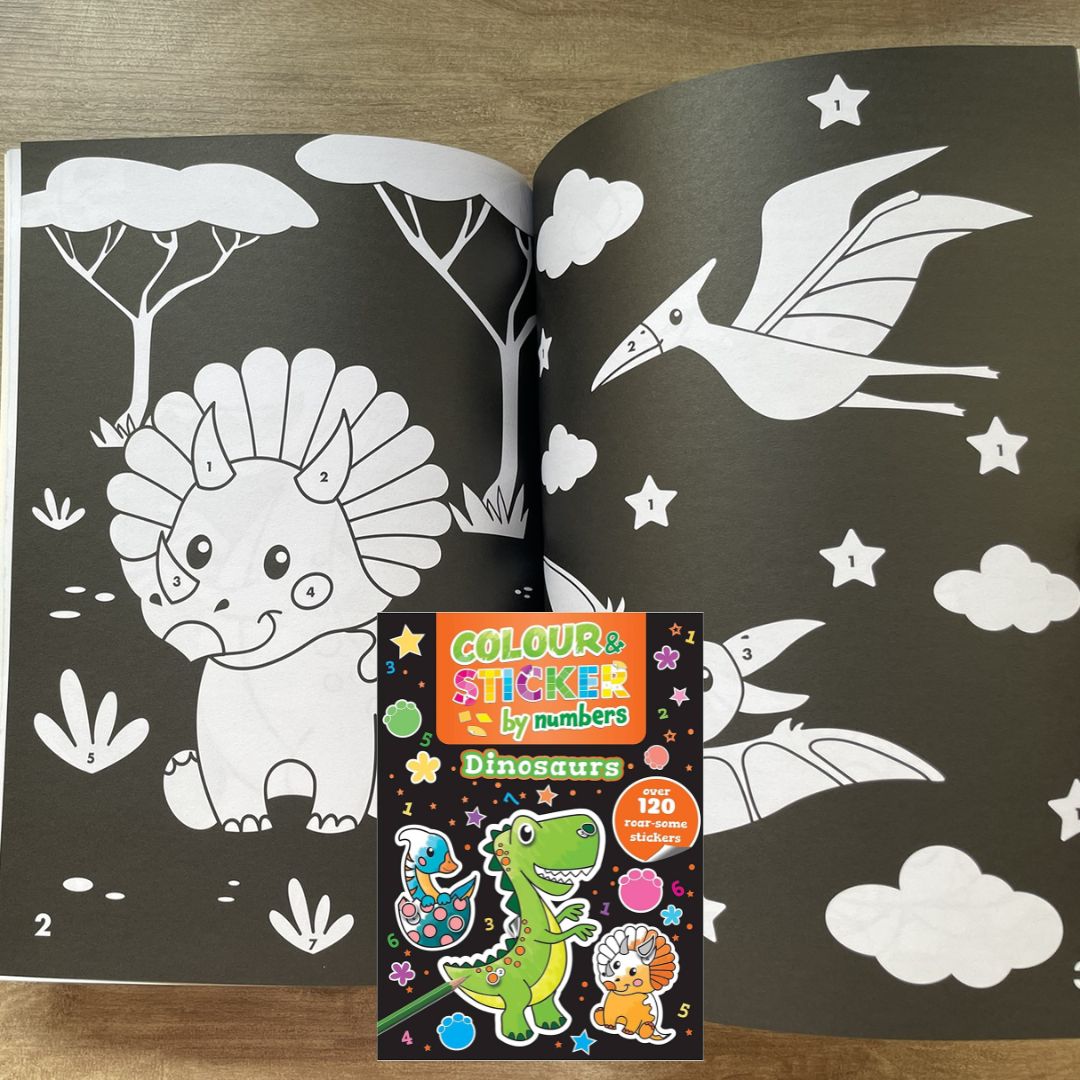 Color and Sticker by Numbers: BABY ANIMALS / DINOSAURS over 120 Stickers (SINGLES, brand new softcover)