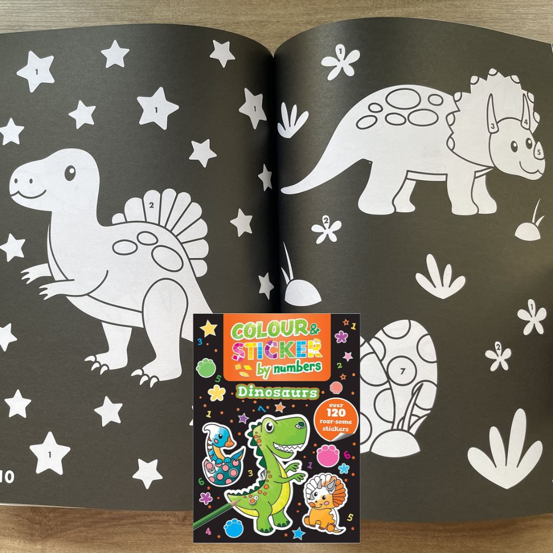 Color and Sticker by Numbers: BABY ANIMALS / DINOSAURS over 120 Stickers (SINGLES, brand new softcover)