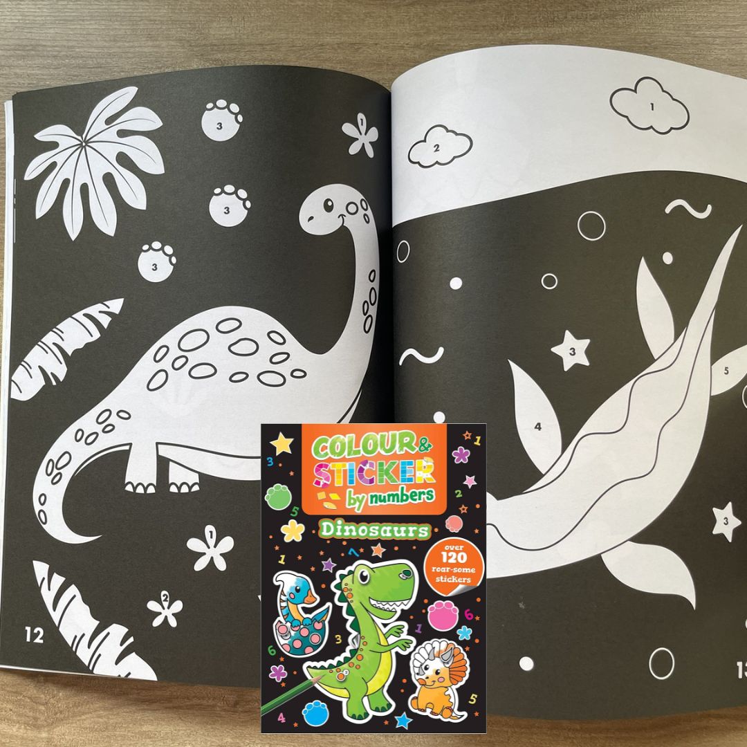 Color and Sticker by Numbers: BABY ANIMALS / DINOSAURS over 120 Stickers (SINGLES, brand new softcover)