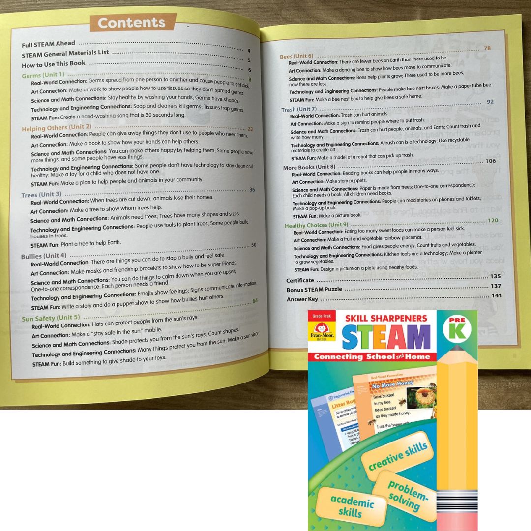 Evan Moor Skill Sharpener Workbook: STEAM (PRE-Kinder) brand new softcover, with SLIGHT FOLDS