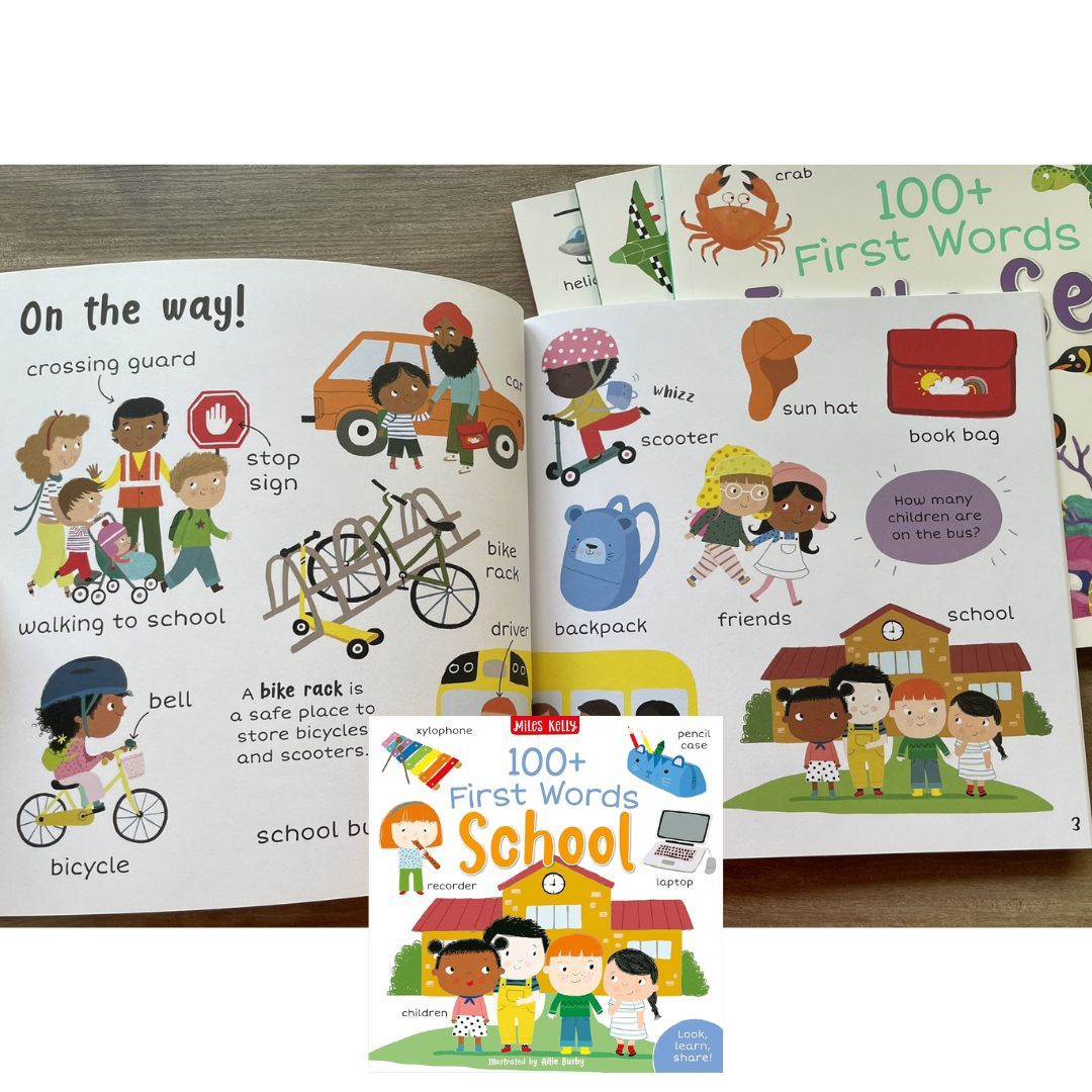 Miles Kelly 100+ FIRST WORDS (SINGLES, brand new softcover) Animals / Home / School / In the Sea / On the Go / Out and About