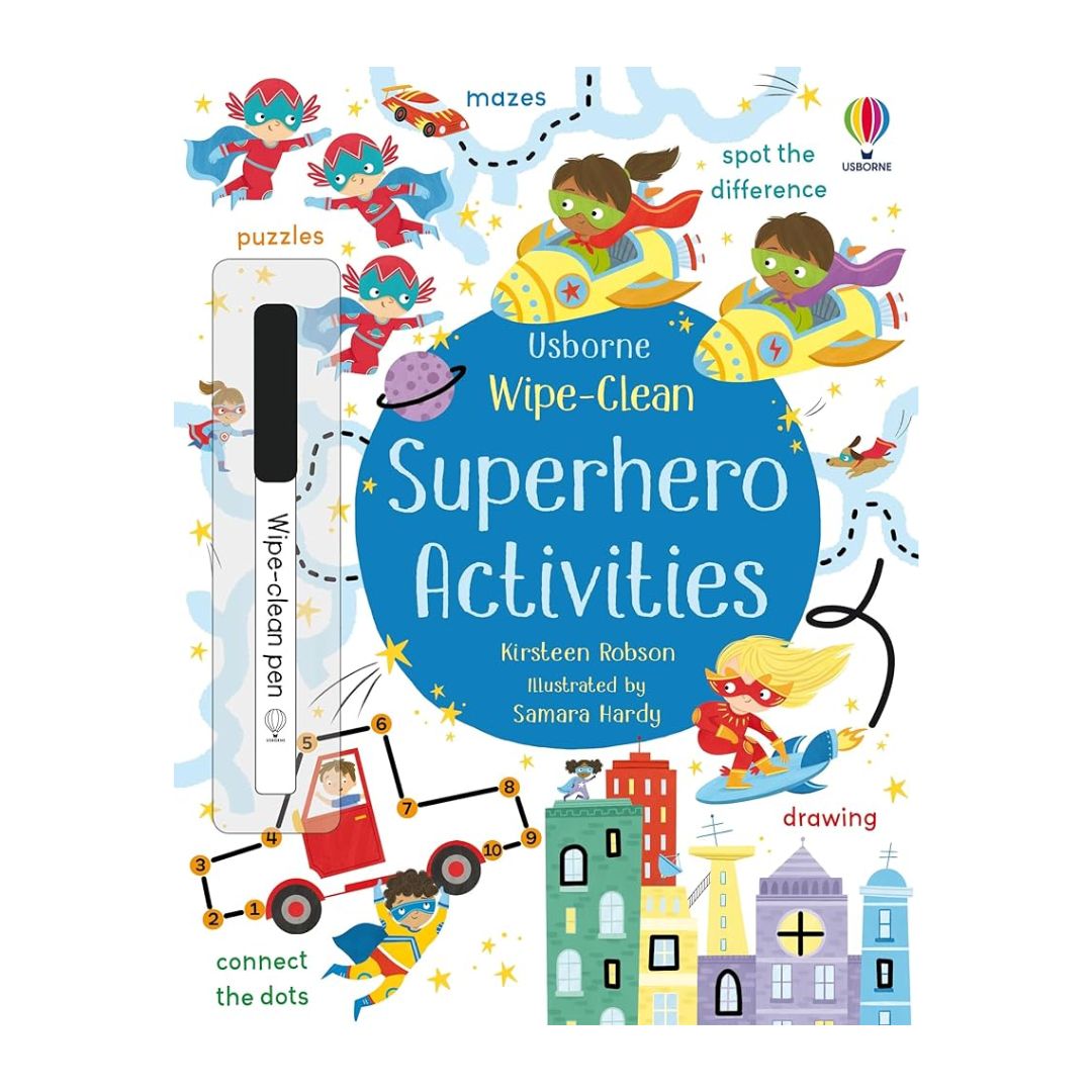 Usborne Wipe-Clean: SUPERHERO ACTIVITIES (softcover, with free pen)
