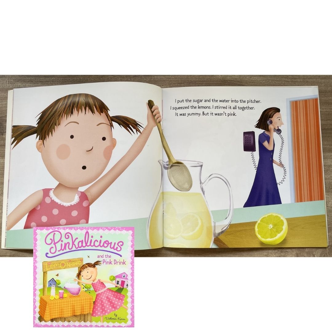 Pinkalicious 4-Book English Story Set (Crazy Hair Day / Tickled Pink / New Teacher / Pink Drink) brand new softcover, no box, with SLIGHT FOLDS