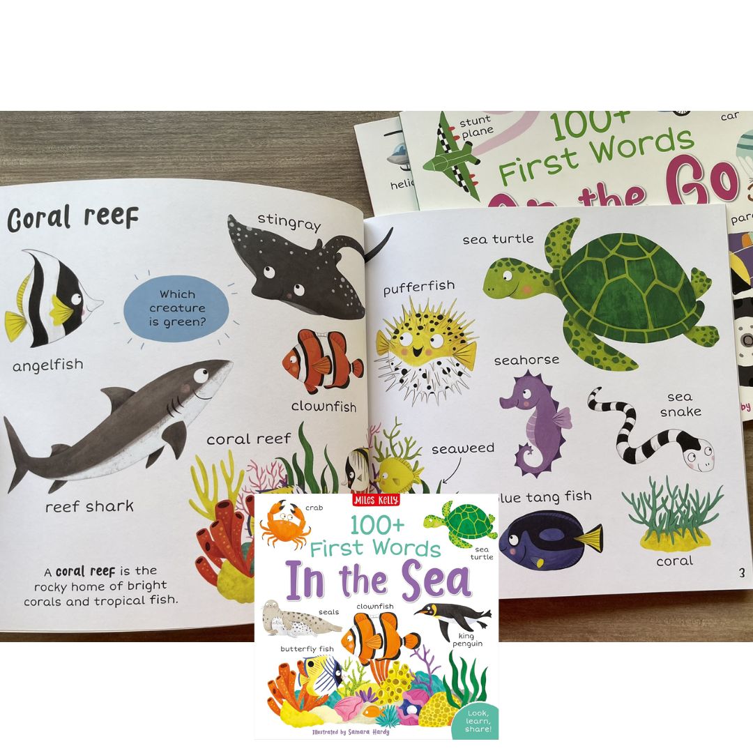 Miles Kelly 100+ FIRST WORDS (SINGLES, brand new softcover) Animals / Home / School / In the Sea / On the Go / Out and About