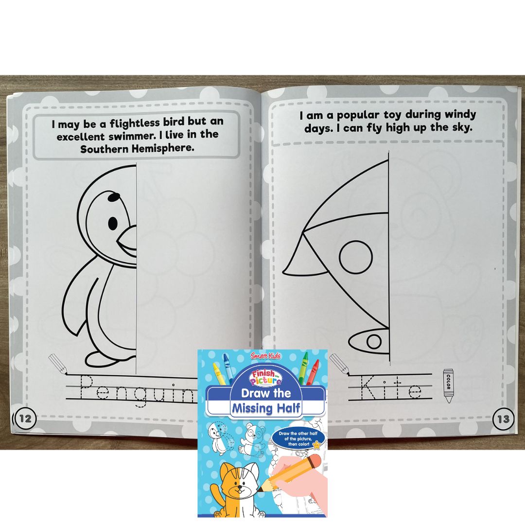 SMART KIDS Finish the Picture (SINGLES, brand new softcover) Drawing Prompts / Think Outside the Box / Draw the Missing Part / Draw the Missing Half