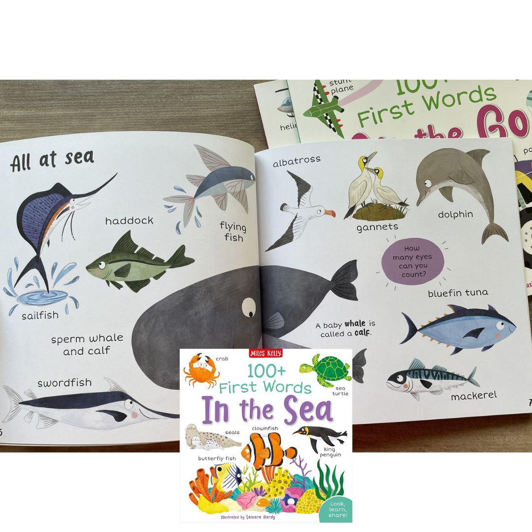 Miles Kelly 100+ FIRST WORDS (SINGLES, brand new softcover) Animals / Home / School / In the Sea / On the Go / Out and About