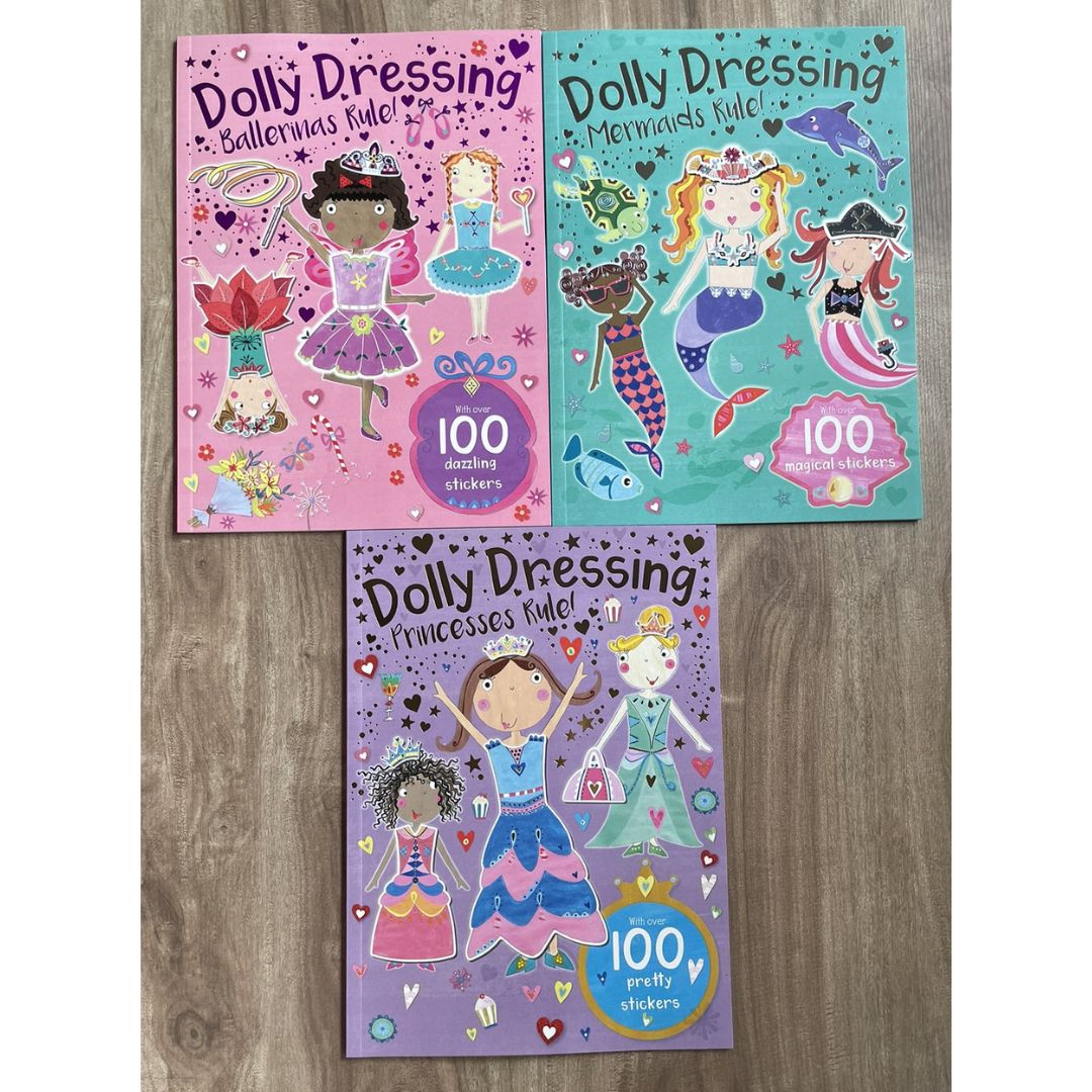 Dolly Dressing with Over 100 Stickers (Ballerinas / Mermaids / Princesses Rule) (SINGLES, brand new softcover, activities and sticker book)