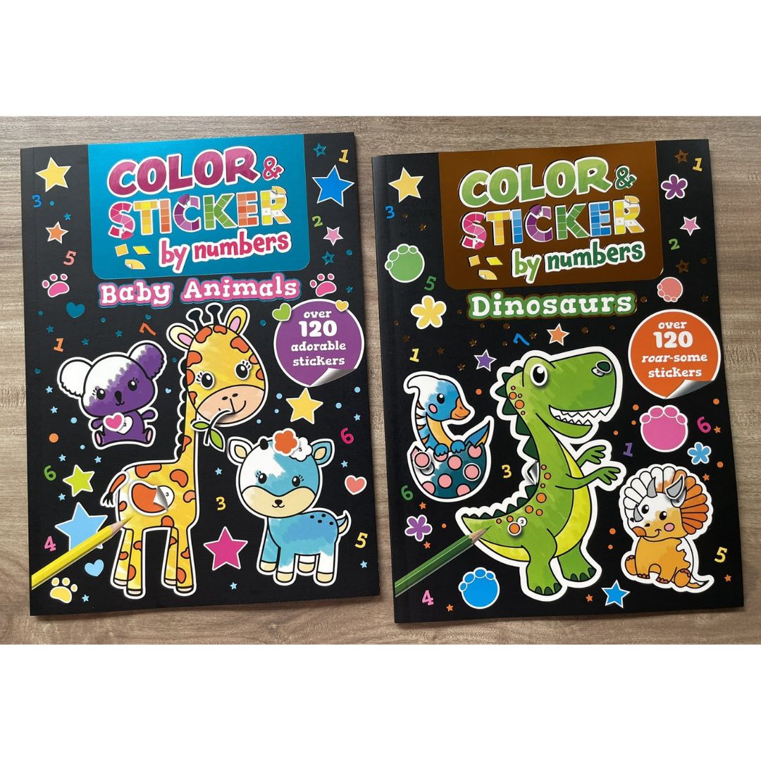 Color and Sticker by Numbers: BABY ANIMALS / DINOSAURS over 120 Stickers (SINGLES, brand new softcover)
