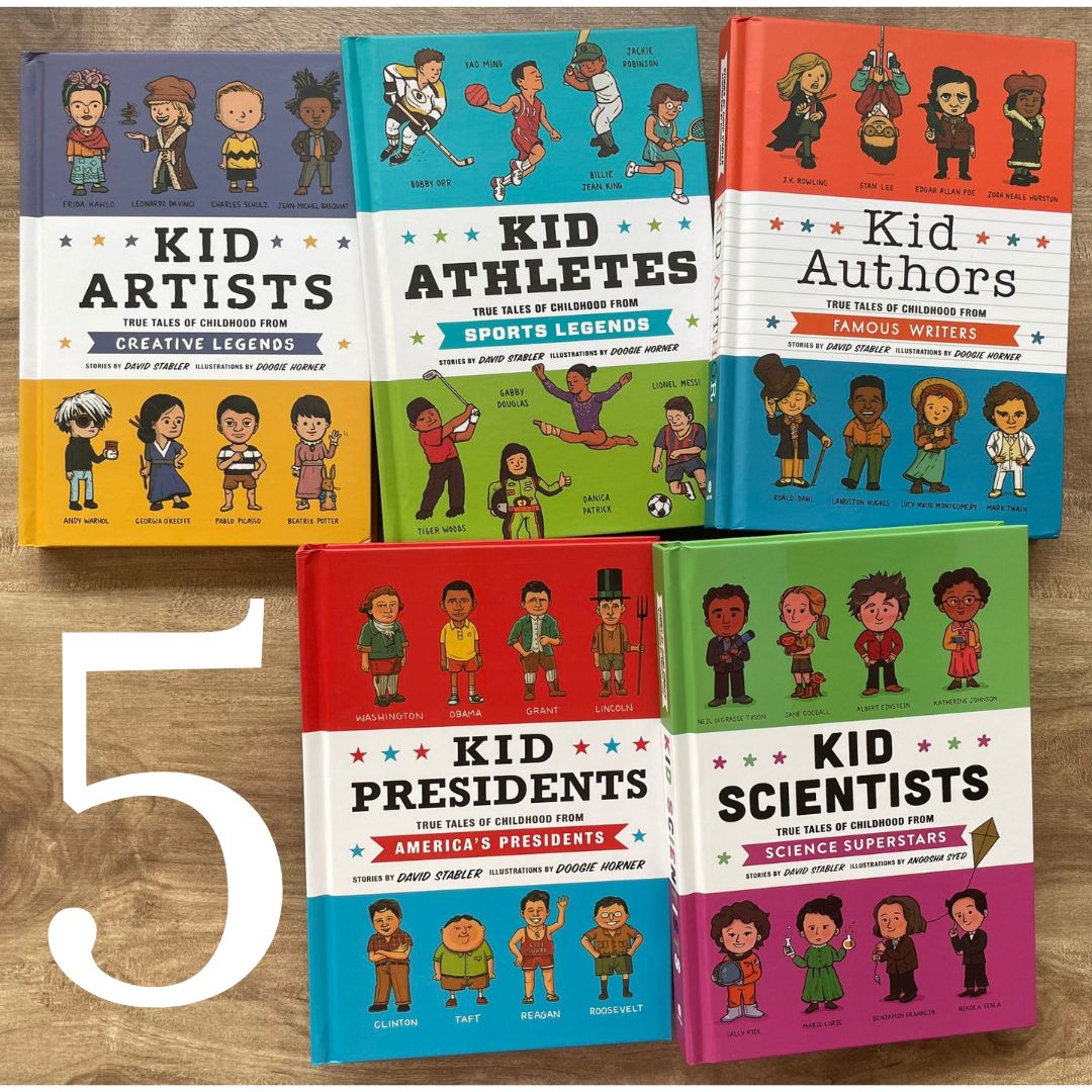 TRUE TALES OF CHILDHOOD series 5 books (brand new hardcover, no box, slight dents on book cover) - KID ARTISTS / ATHLETES / AUTHORS / PRESIDENTS / SCIENTISTS