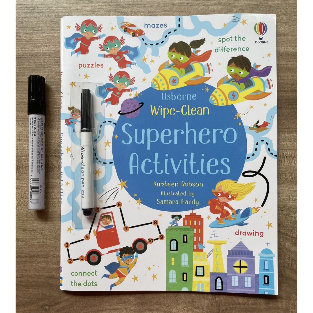 Usborne Wipe-Clean: SUPERHERO ACTIVITIES (softcover, with free pen)