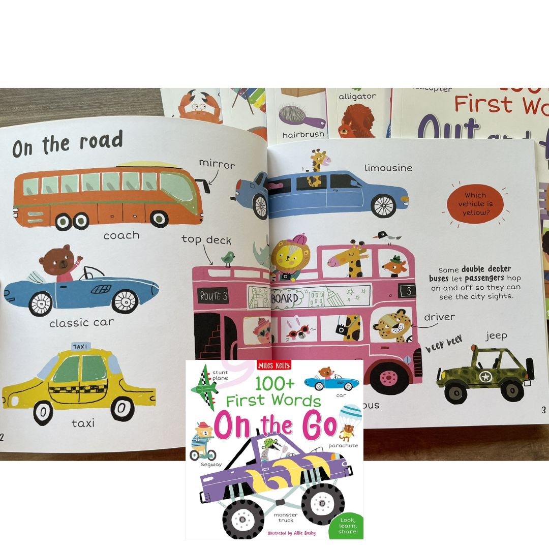 Miles Kelly 100+ FIRST WORDS (SINGLES, brand new softcover) Animals / Home / School / In the Sea / On the Go / Out and About