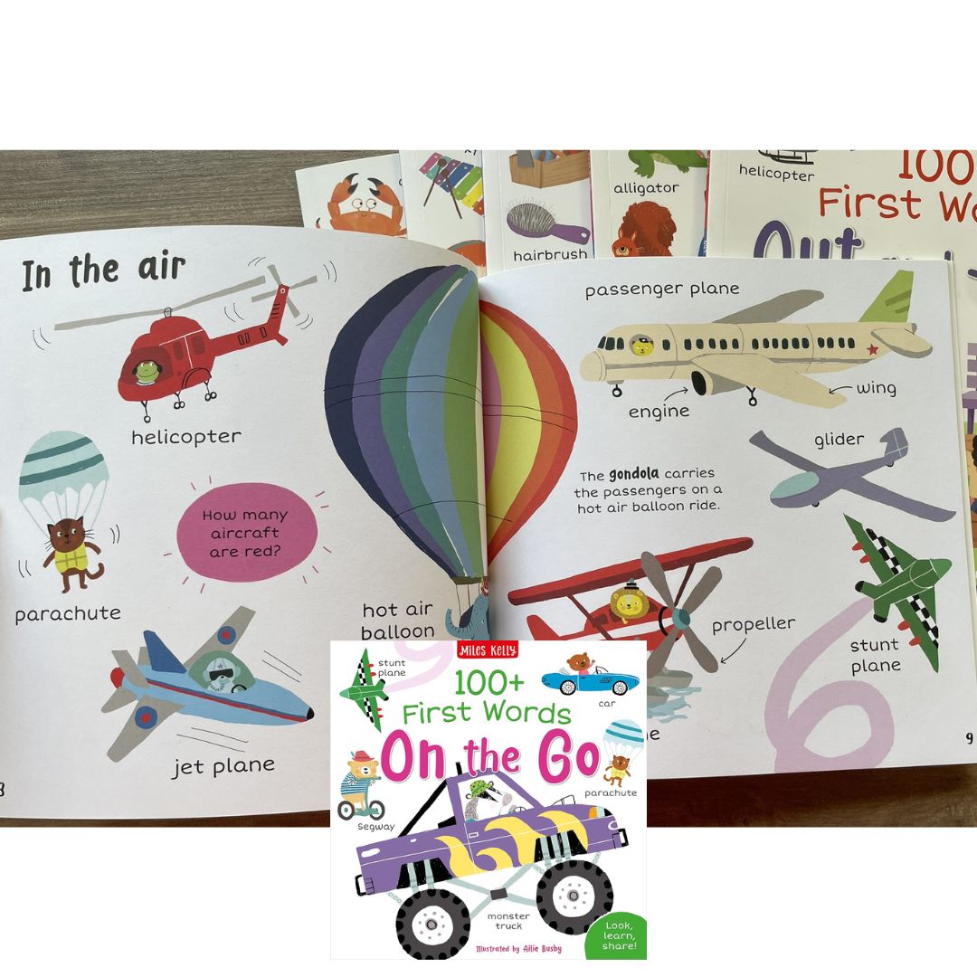 Miles Kelly 100+ FIRST WORDS (SINGLES, brand new softcover) Animals / Home / School / In the Sea / On the Go / Out and About