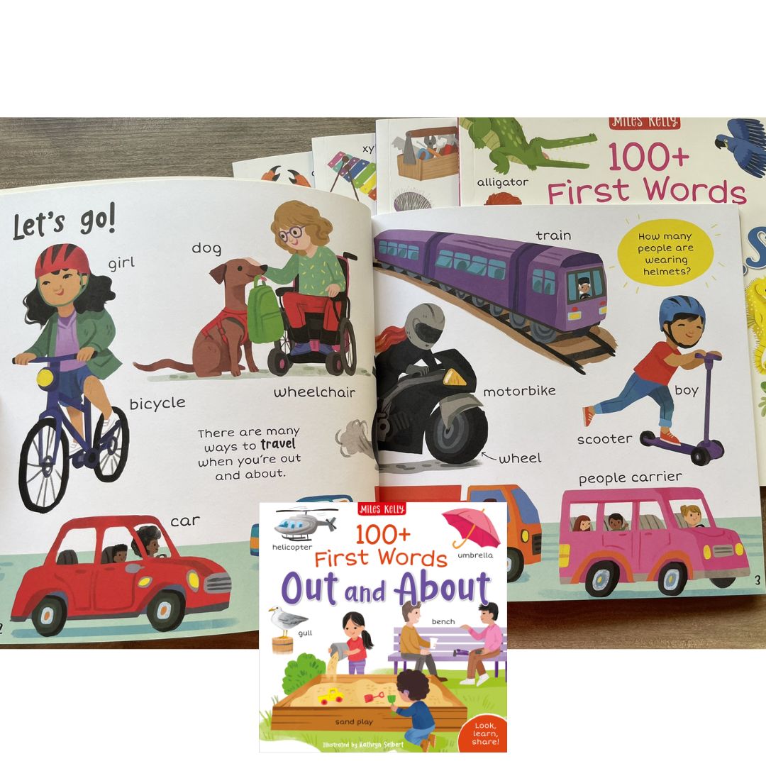 Miles Kelly 100+ FIRST WORDS (SINGLES, brand new softcover) Animals / Home / School / In the Sea / On the Go / Out and About