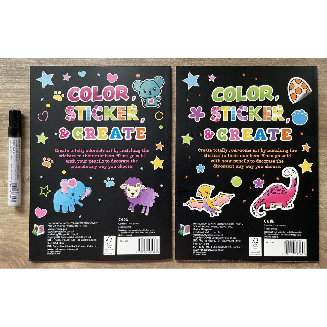 Color and Sticker by Numbers: BABY ANIMALS / DINOSAURS over 120 Stickers (SINGLES, brand new softcover)