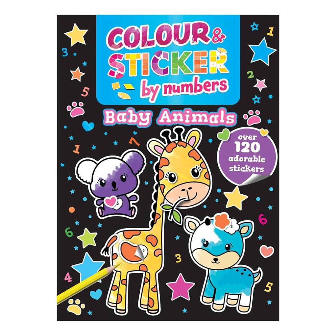 Color and Sticker by Numbers: BABY ANIMALS / DINOSAURS over 120 Stickers (SINGLES, brand new softcover)