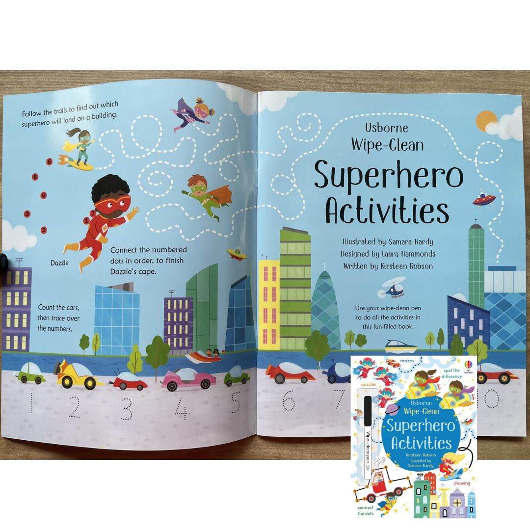 Usborne Wipe-Clean: SUPERHERO ACTIVITIES (softcover, with free pen)