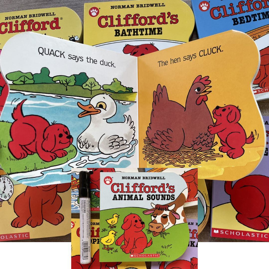 Clifford (7 pcs board books) ANIMAL SOUNDS / BARKS / BATHTIME / BEDTIME / NOISY DAY / OPPOSITES / PEEKABOO (brand new, with SLIGHT DENTS on book cover)