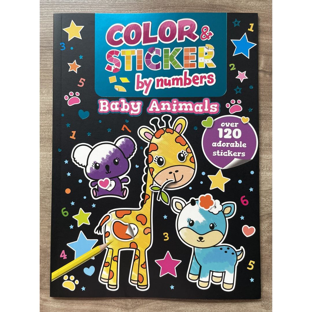 Color and Sticker by Numbers: BABY ANIMALS / DINOSAURS over 120 Stickers (SINGLES, brand new softcover)