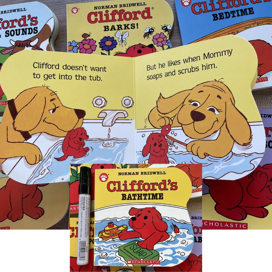 Clifford (7 pcs board books) ANIMAL SOUNDS / BARKS / BATHTIME / BEDTIME / NOISY DAY / OPPOSITES / PEEKABOO (brand new, with SLIGHT DENTS on book cover)