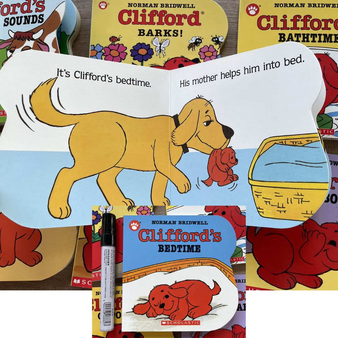 Clifford (7 pcs board books) ANIMAL SOUNDS / BARKS / BATHTIME / BEDTIME / NOISY DAY / OPPOSITES / PEEKABOO (brand new, with SLIGHT DENTS on book cover)