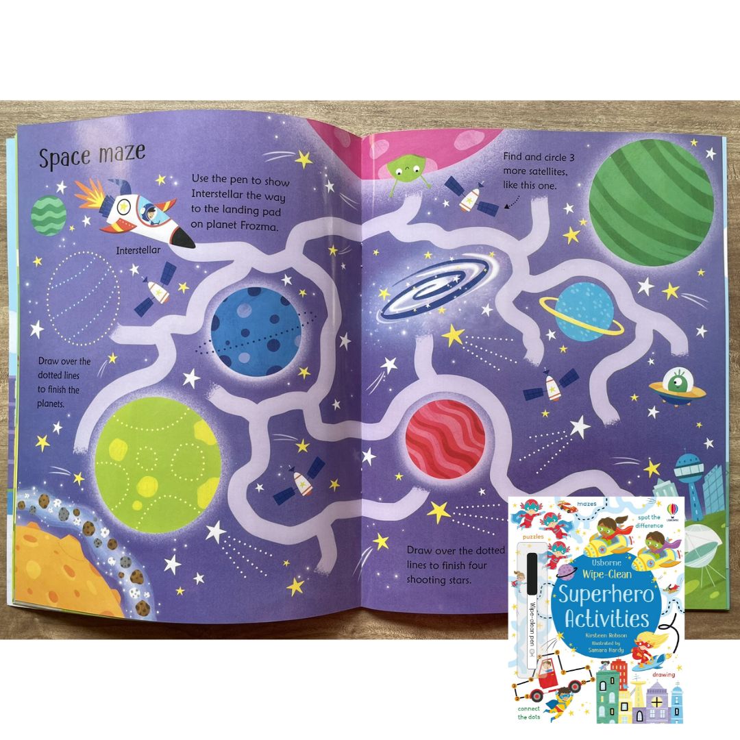 Usborne Wipe-Clean: SUPERHERO ACTIVITIES (softcover, with free pen)