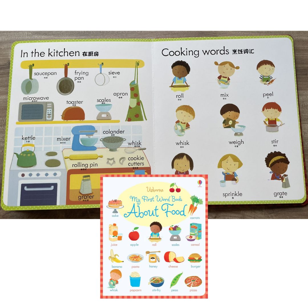 Usborne My First Word Book About Food (brand new Board Book, English and Simplified Chinese text, with SLIGHT DENTS on book cover)