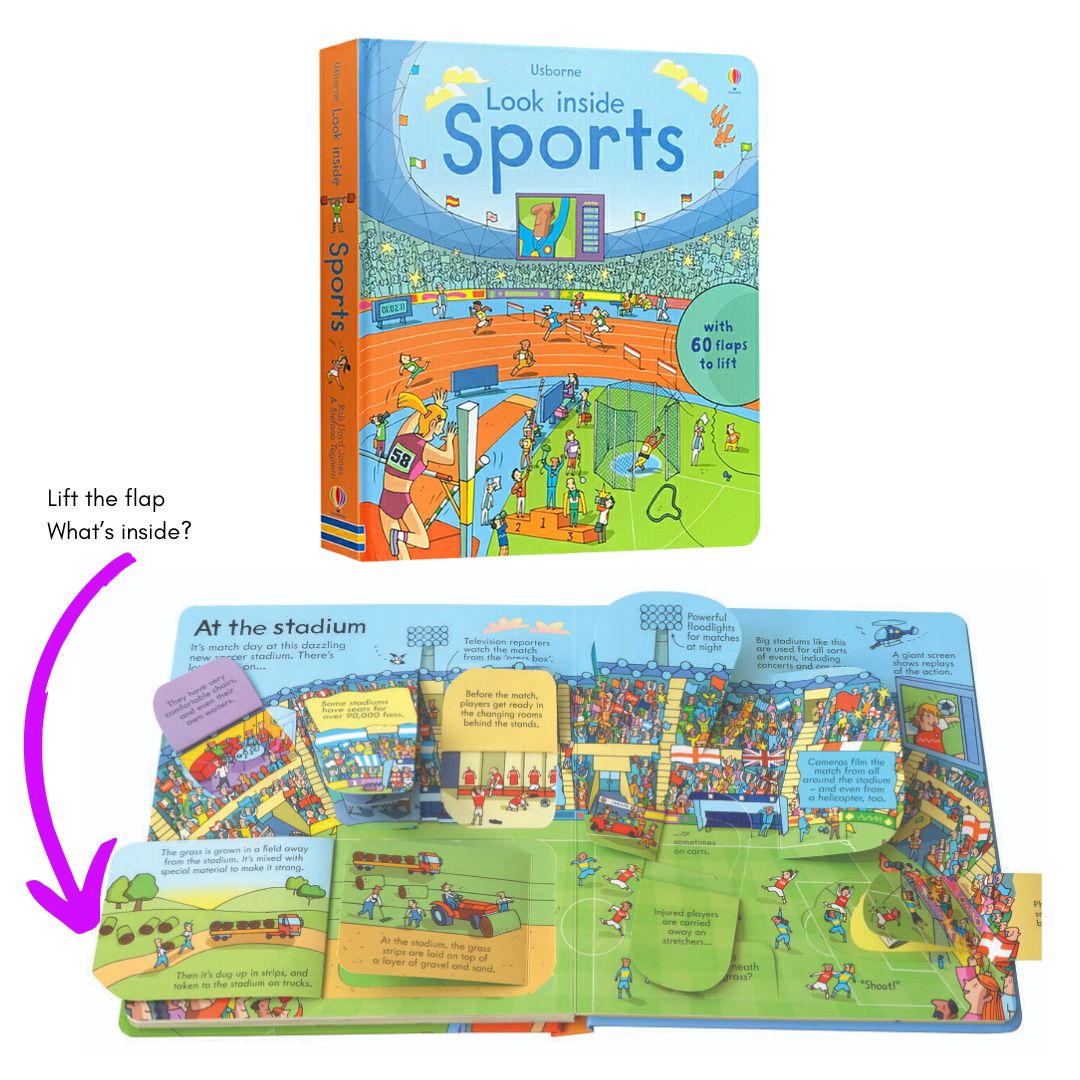 Usborne LOOK INSIDE (SINGLES, brand new Lift-the-flap Board book, w/ SLIGHT DENTS on book cover) Animals / Building Sites / Cars / Computers / Hospital / Sports / Things the Go / What Happens When You Eat / Our World / Your Body