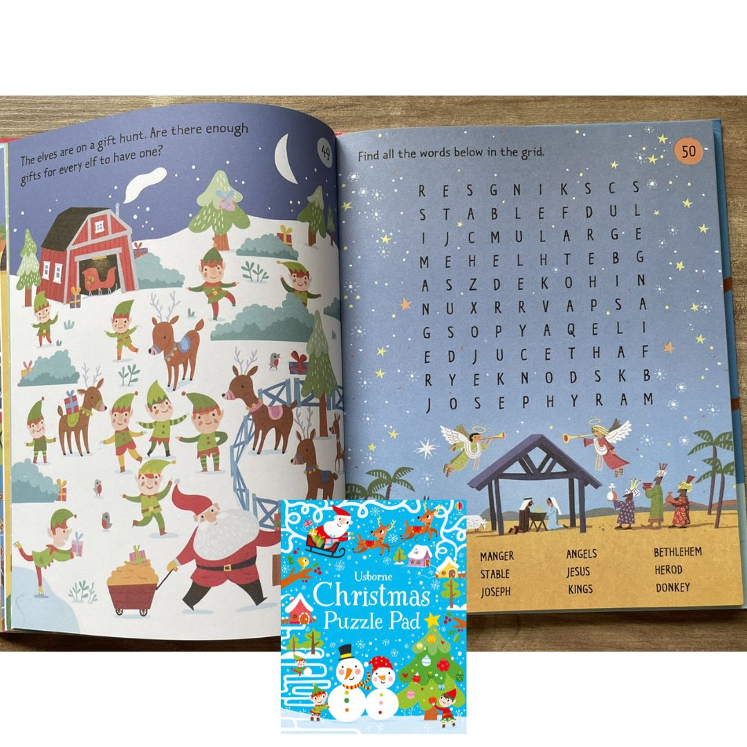 Usborne Christmas Puzzle Pad (brand new Softcover, with SLIGHT FOLDS on book cover)