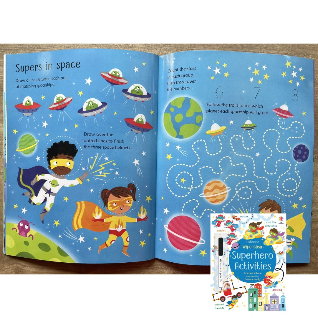Usborne Wipe-Clean: SUPERHERO ACTIVITIES (softcover, with free pen)