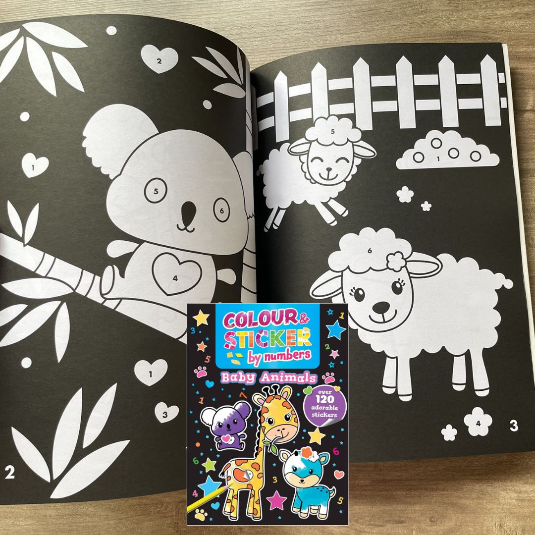 Color and Sticker by Numbers: BABY ANIMALS / DINOSAURS over 120 Stickers (SINGLES, brand new softcover)