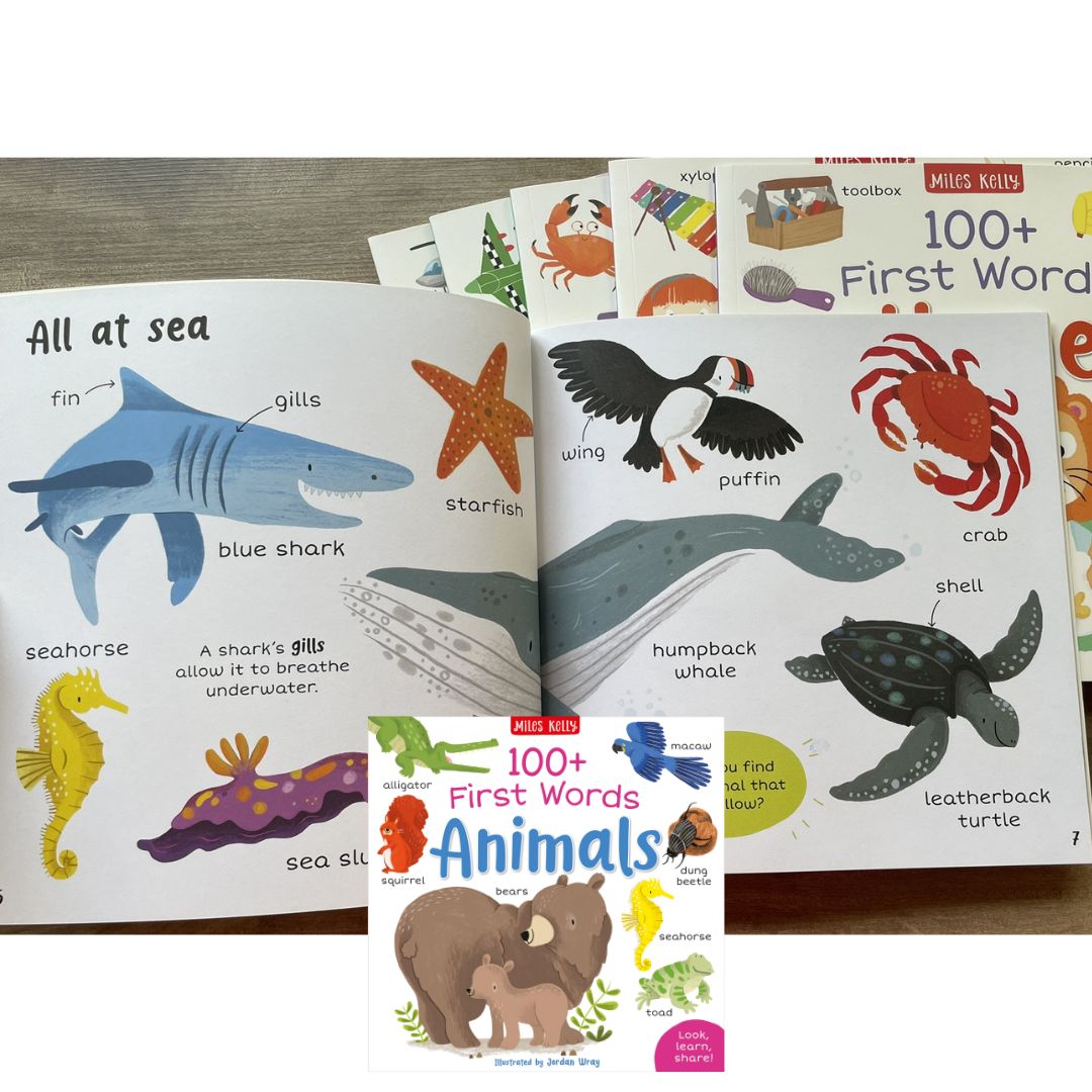 Miles Kelly 100+ FIRST WORDS (SINGLES, brand new softcover) Animals / Home / School / In the Sea / On the Go / Out and About