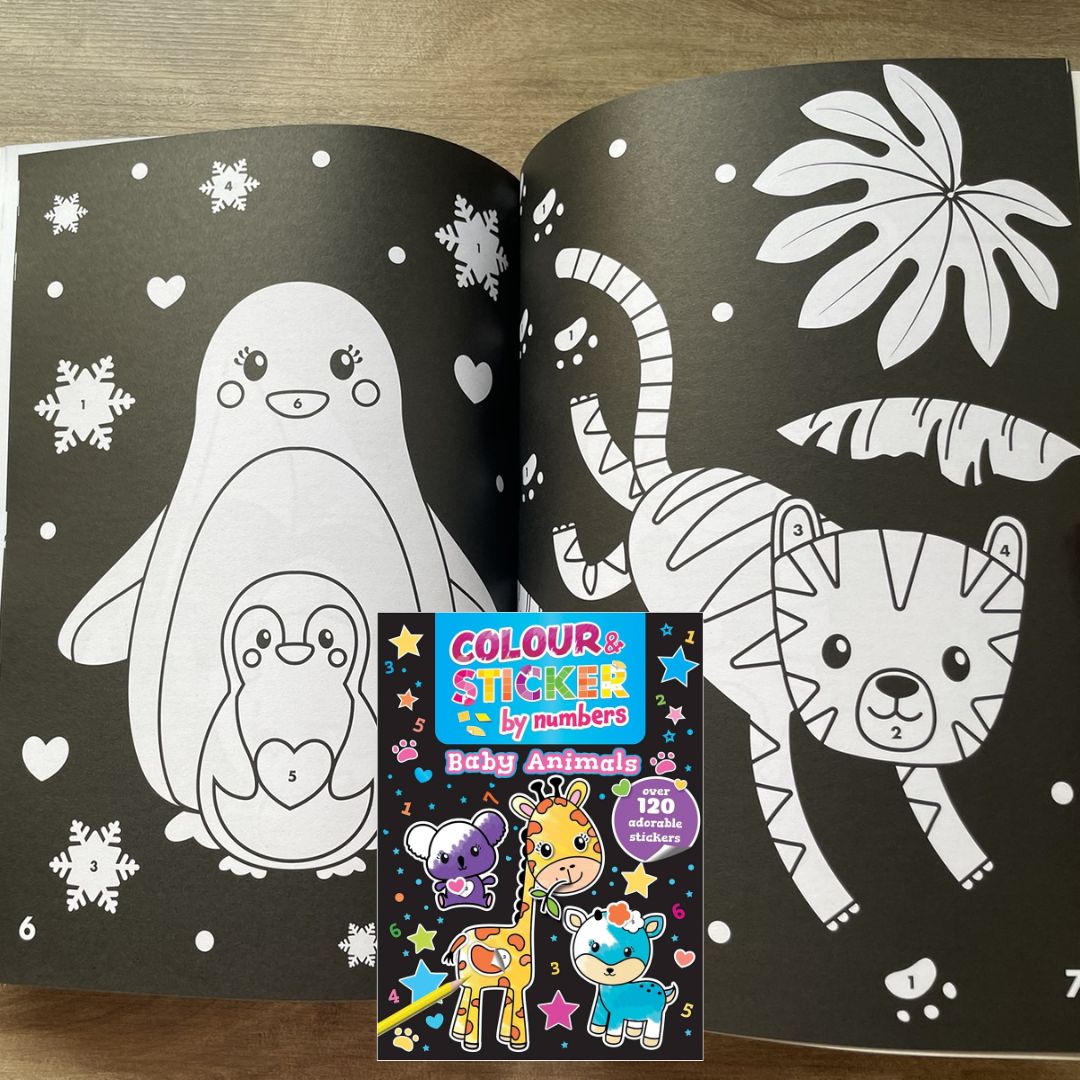 Color and Sticker by Numbers: BABY ANIMALS / DINOSAURS over 120 Stickers (SINGLES, brand new softcover)