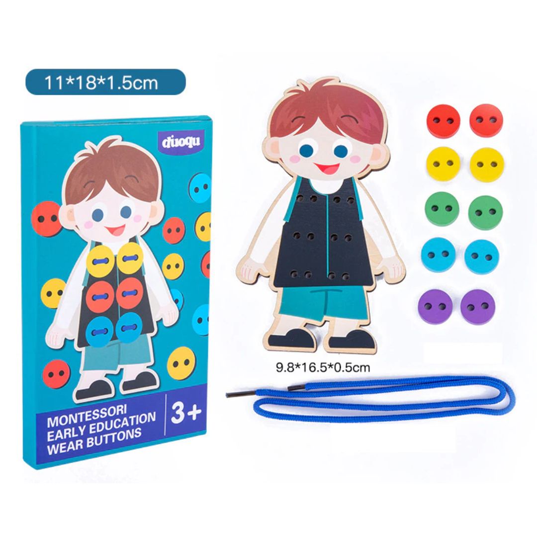 Montessori Early Education Wear Buttons (Singles) - Boy (brand new wooden educational toy boxed set, box with dents and folds)