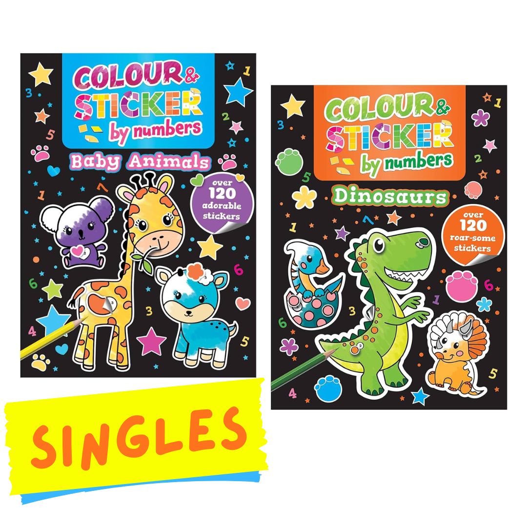 Color and Sticker by Numbers: BABY ANIMALS / DINOSAURS over 120 Stickers (SINGLES, brand new softcover)