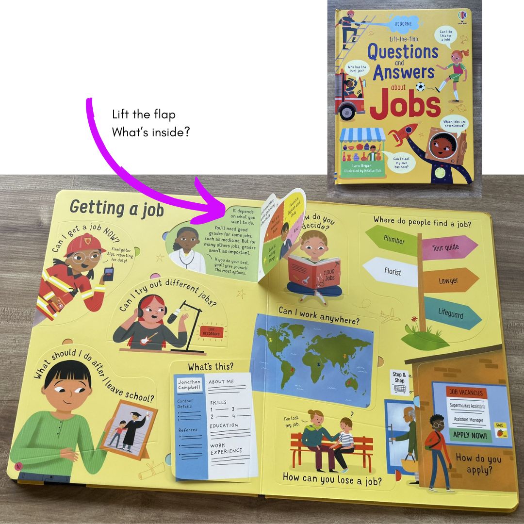 Usborne Lift-the-flap Questions and Answers About (SINGLES, brand new Board Book, w/ SLIGHT DENTS on book cover) Animals / Body / Feelings / Food / Jobs / Money / Nature