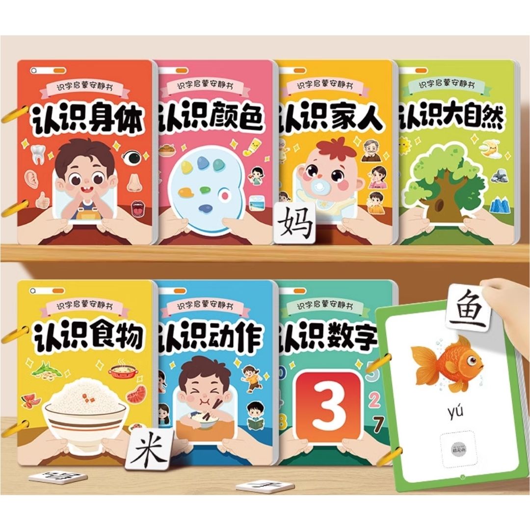 Chinese Quiet / Busy Book (4 pcs. ringbound busy books in 1 set) Numbers, Colors, Family, Animals, Food, Body, Action, Nature