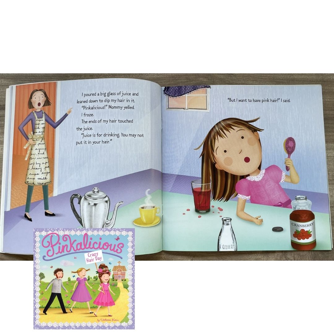 Pinkalicious 4-Book English Story Set (Crazy Hair Day / Tickled Pink / New Teacher / Pink Drink) brand new softcover, no box, with SLIGHT FOLDS