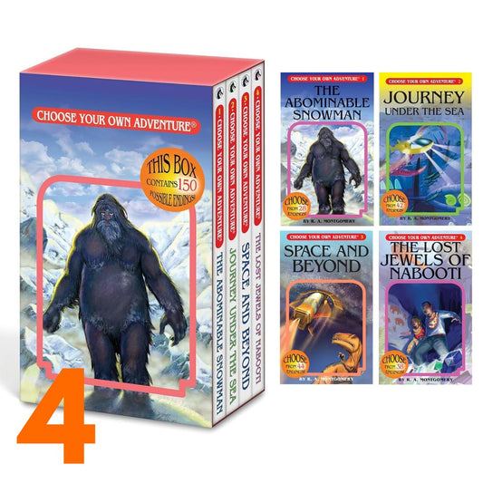 Choose Your Own Adventure (4 books) Boxed Set (ORANGE box) (The Abominable Snowman, Journey Under The Sea, Space And Beyond, The Lost Jewels of Nabooti) (brand new softcover, box with slight dents, books no damage)