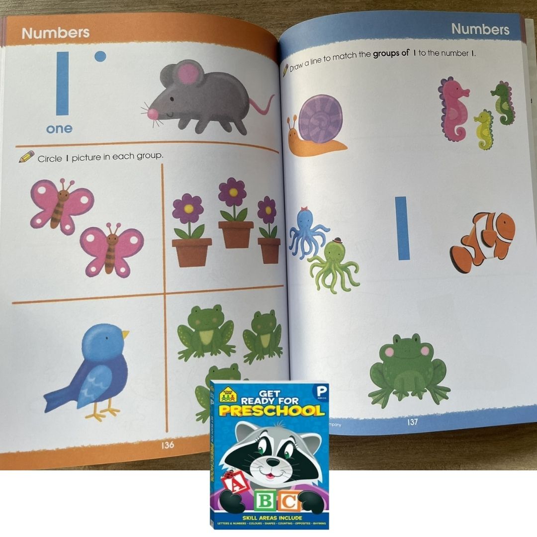 School Zone GET READY for Preschool / Kindergarten / First Grade Workbook (SINGLES) brand new softcover
