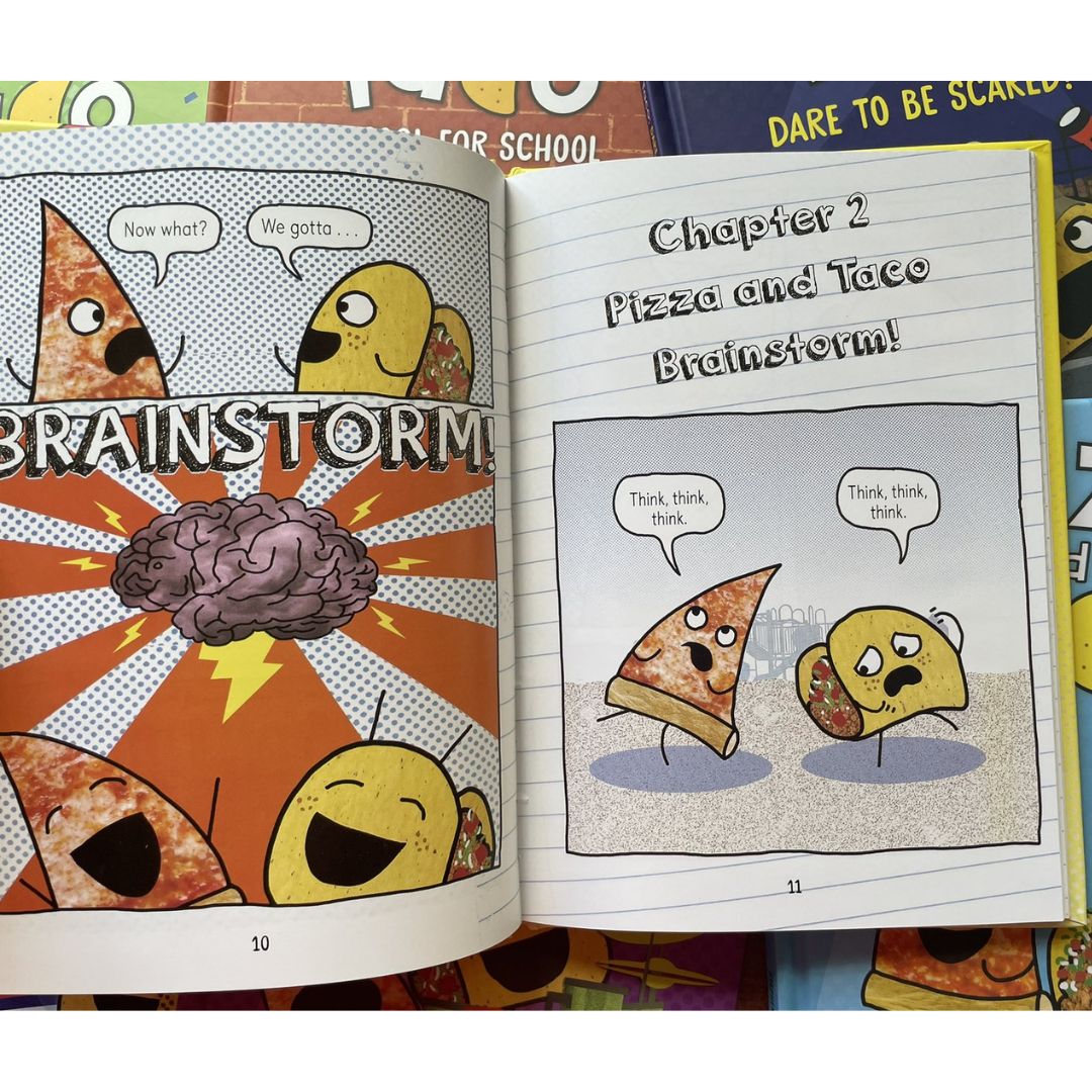 Pizza and Taco, Graphic Novel Series (7 Books) brand new hardcover, no box, with SLIGHT DENTS on book cover