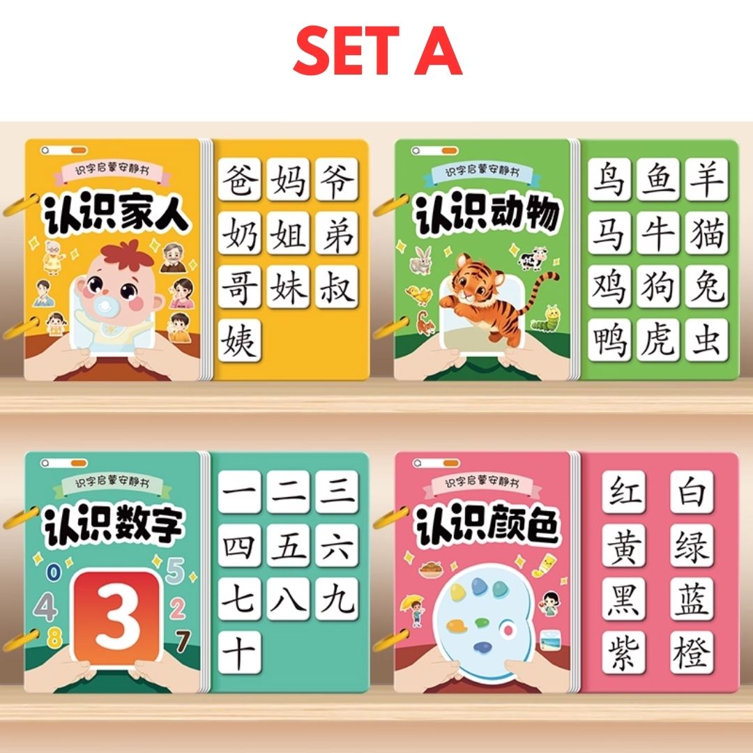 Chinese Quiet / Busy Book (4 pcs. ringbound busy books in 1 set) Numbers, Colors, Family, Animals, Food, Body, Action, Nature