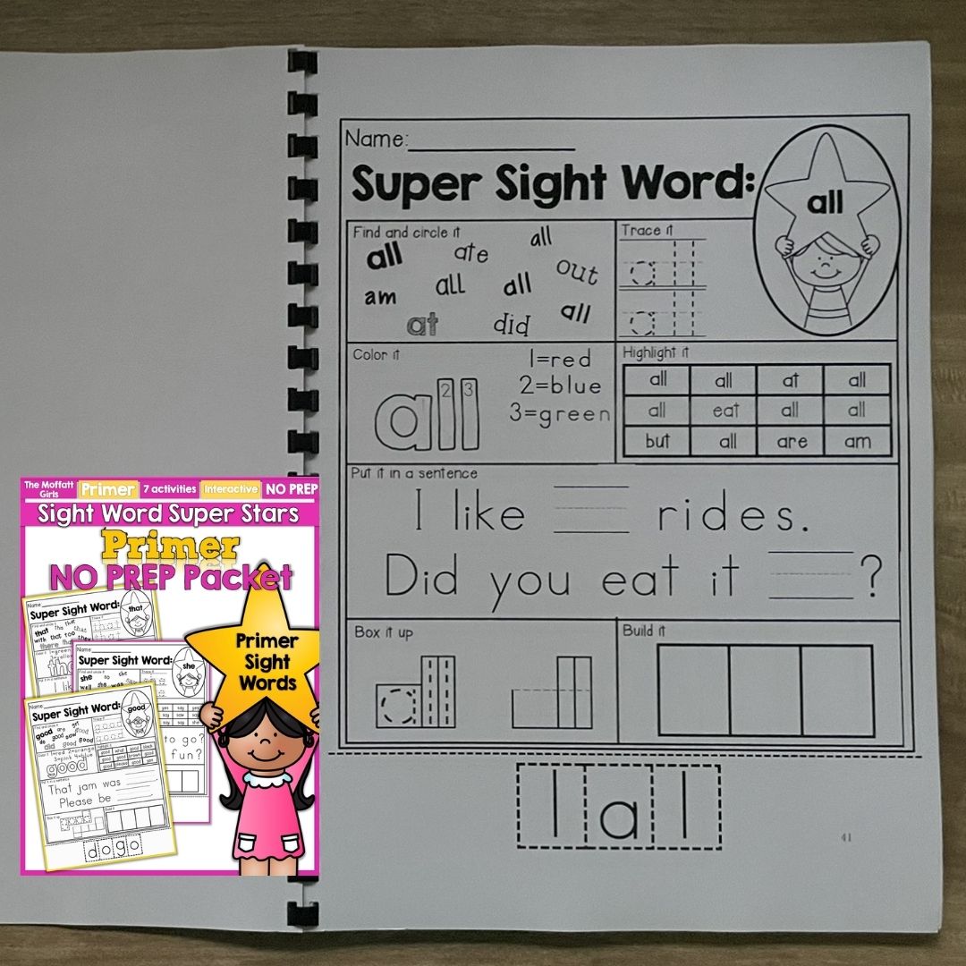 Sight Word Super Stars Reading Fluency Worksheet for Kids Pre-Primer to 3rd Grade (SINGLES)