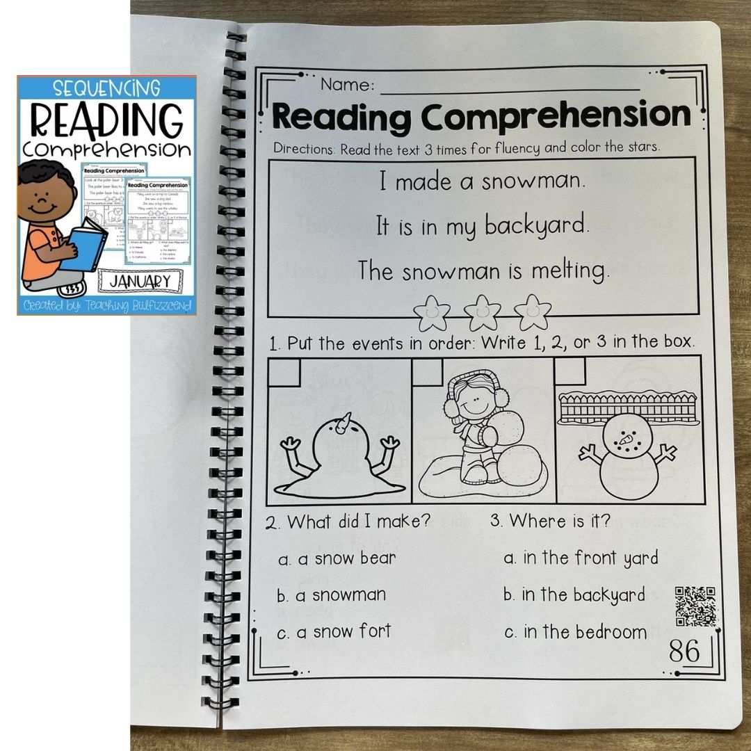 Sequencing Reading Comprehension Workbook | Phonics Reading Practice | Spiral Bound | Primary Students (SINGLES)