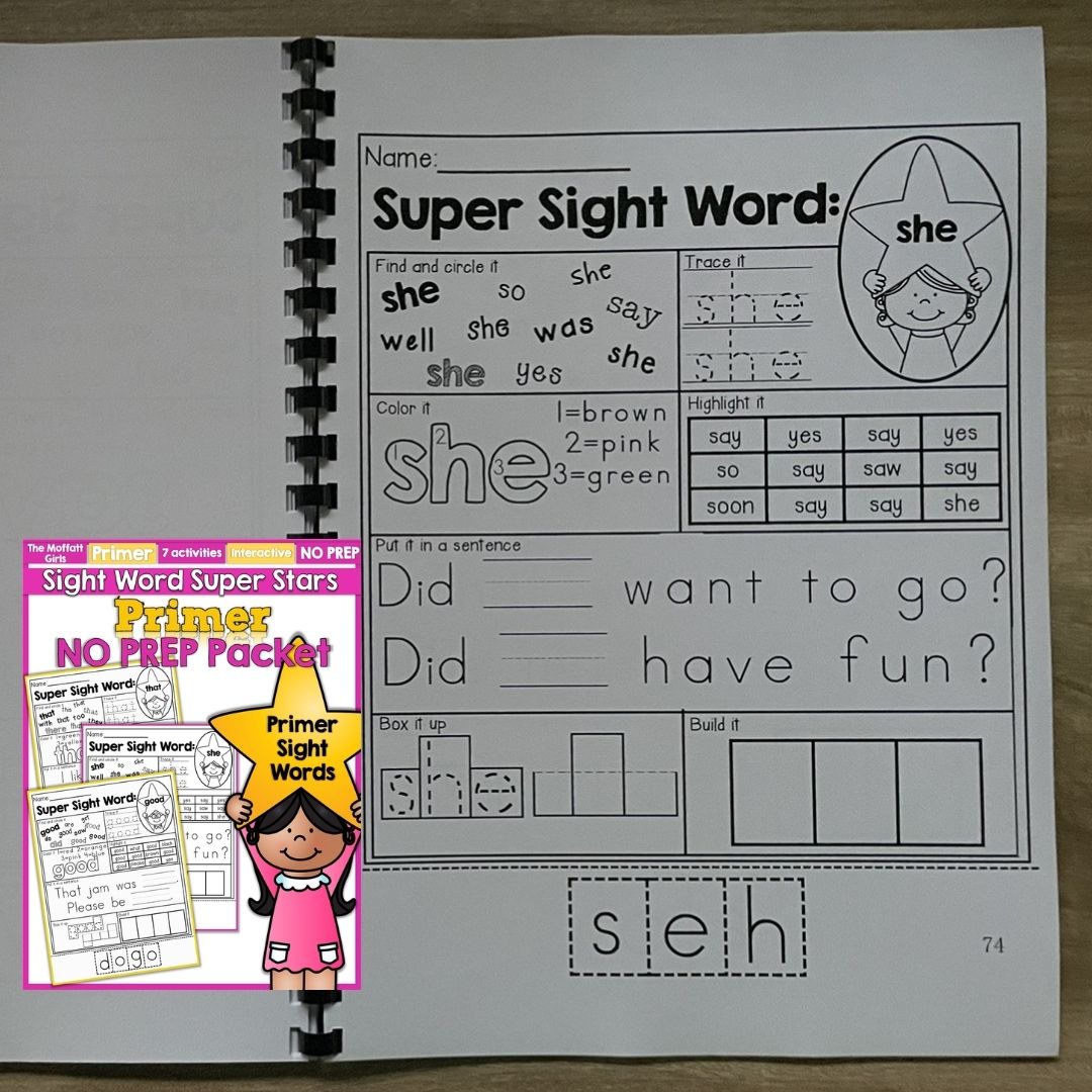 Sight Word Super Stars Reading Fluency Worksheet for Kids Pre-Primer to 3rd Grade (SINGLES)