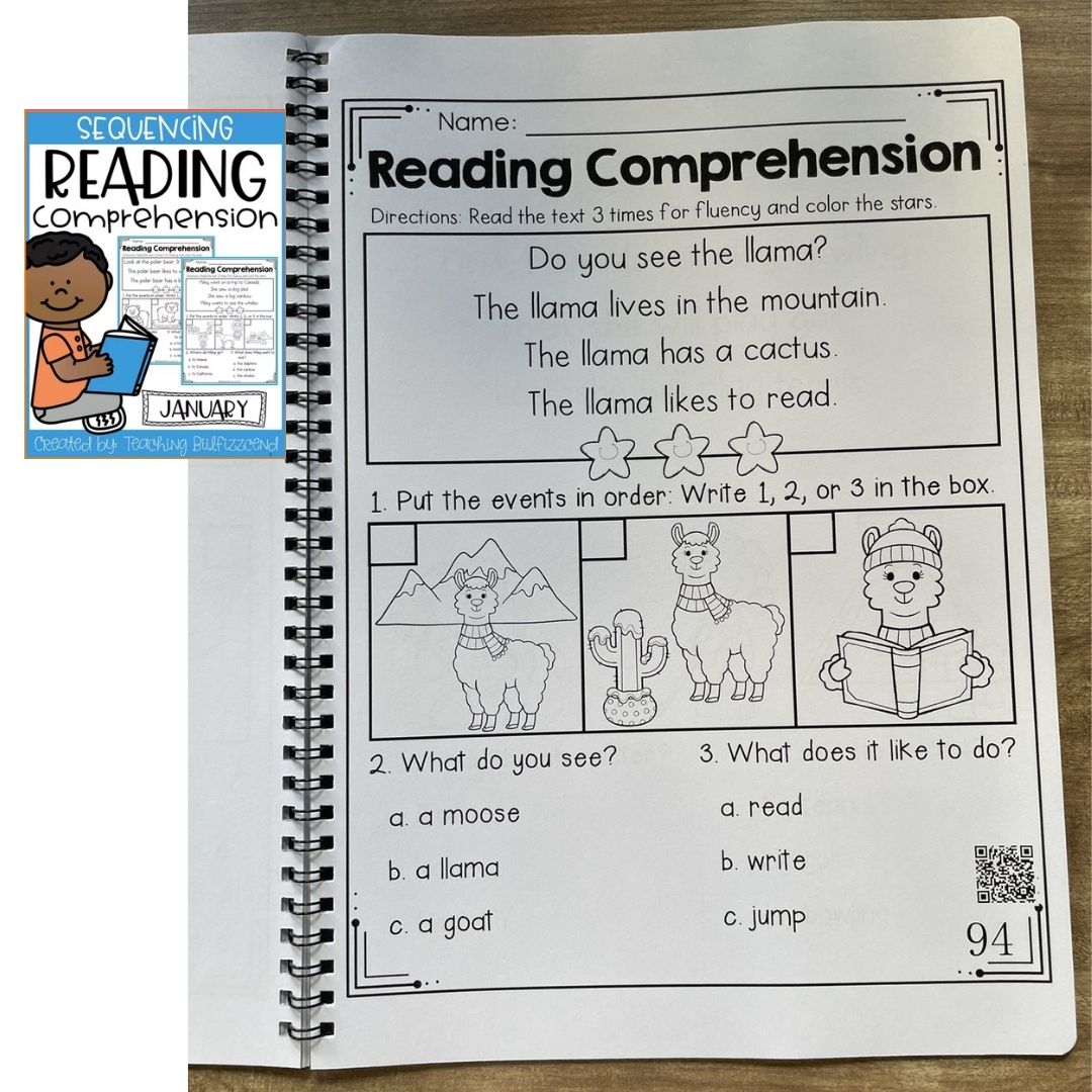 Sequencing Reading Comprehension Workbook | Phonics Reading Practice | Spiral Bound | Primary Students (SINGLES)