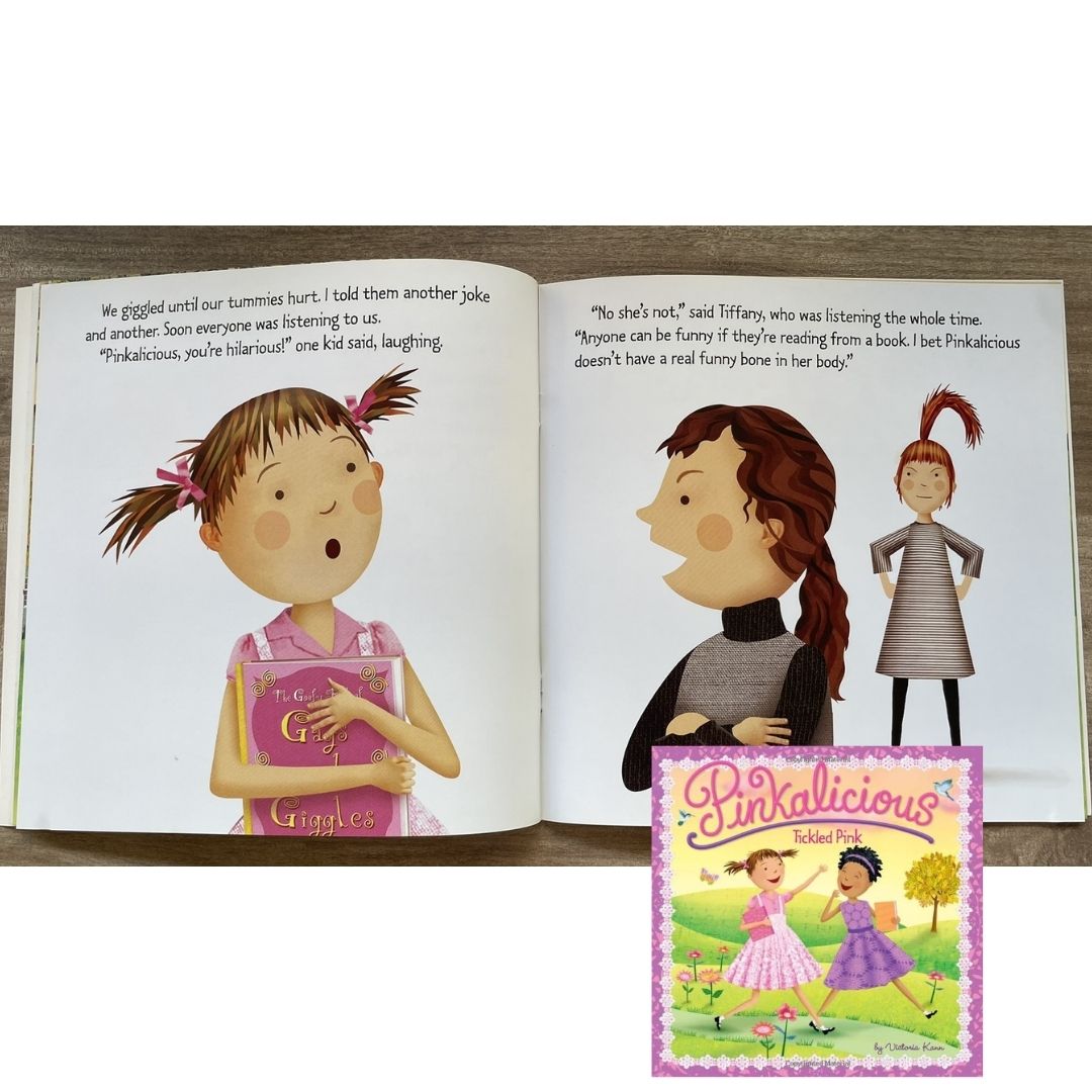 Pinkalicious 4-Book English Story Set (Crazy Hair Day / Tickled Pink / New Teacher / Pink Drink) brand new softcover, no box, with SLIGHT FOLDS